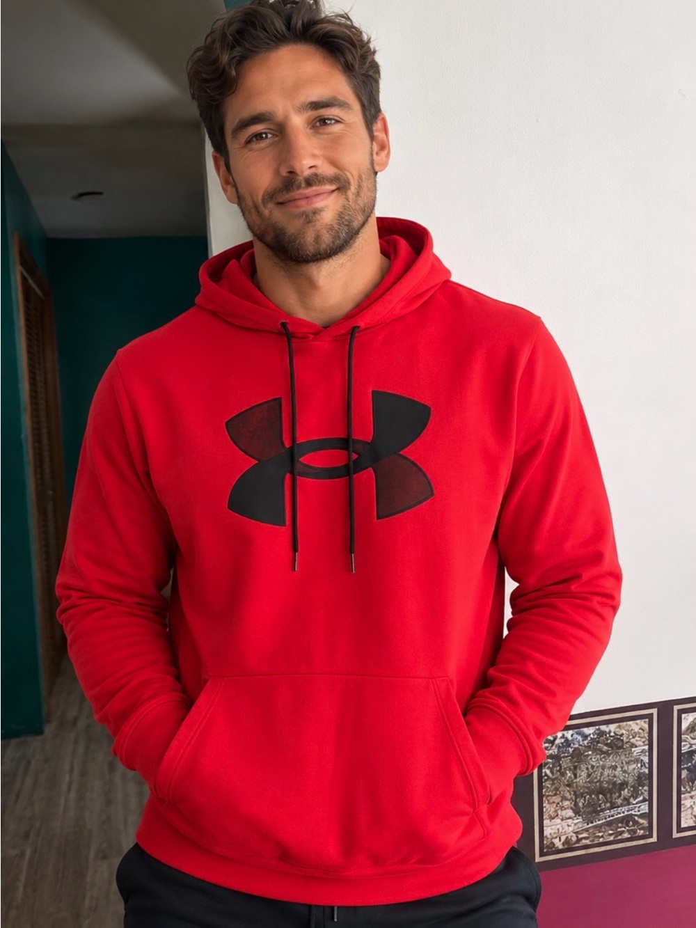 Under Armour Men's Red Hoodie with Black Logo